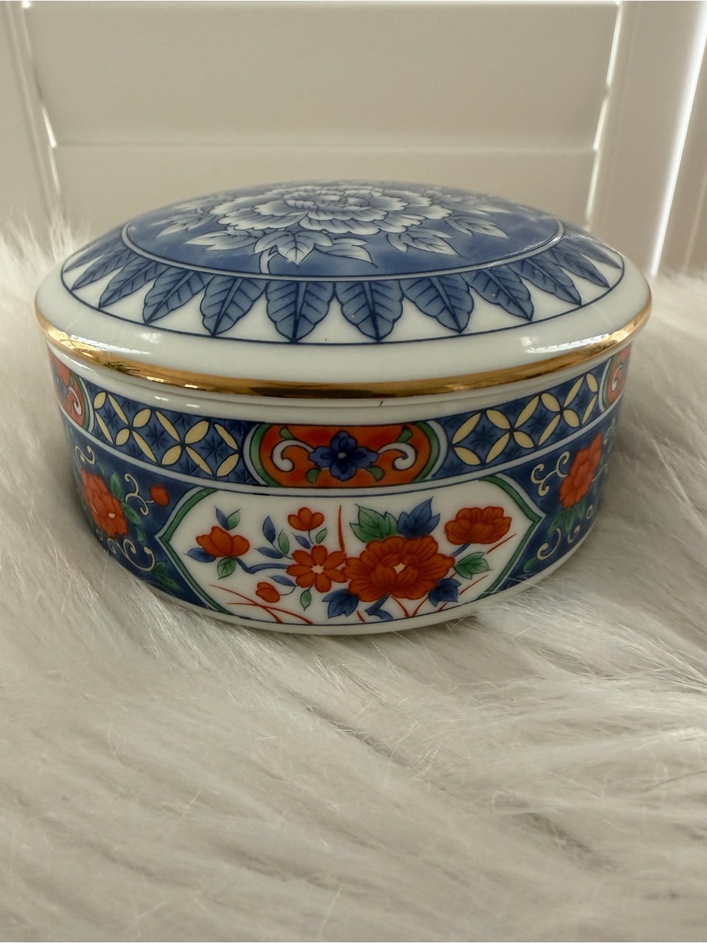 Vintage Tiffany & Co. Decorative Floral Porcelain Trinket Box in Blue & Orange